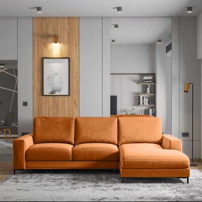 Mokpeo L-shaped corner sofa with sleeping function with two containers on black legs, copper velvet, right-hand side