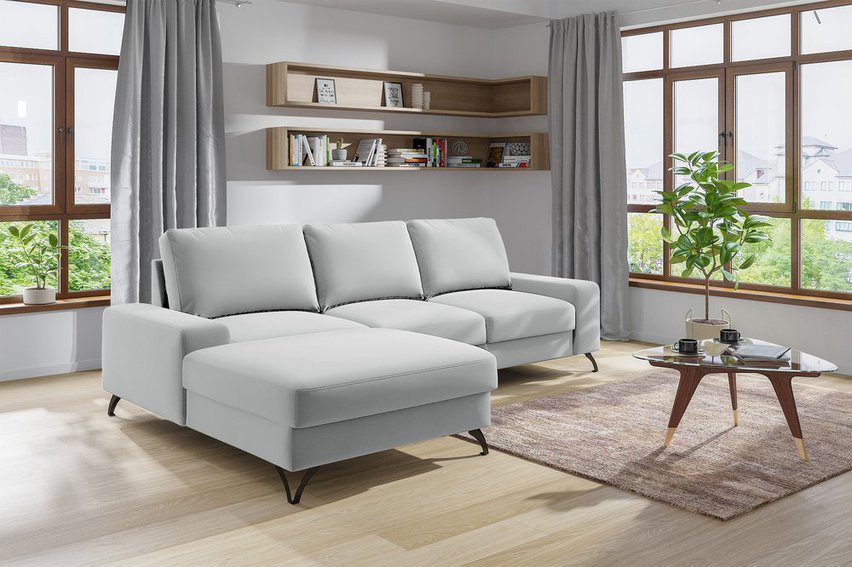 Corner sofa with sleeping function Bewello L-shaped with storage Matt Velvet 83 easy-cleaning hydrophobic velour left-sided