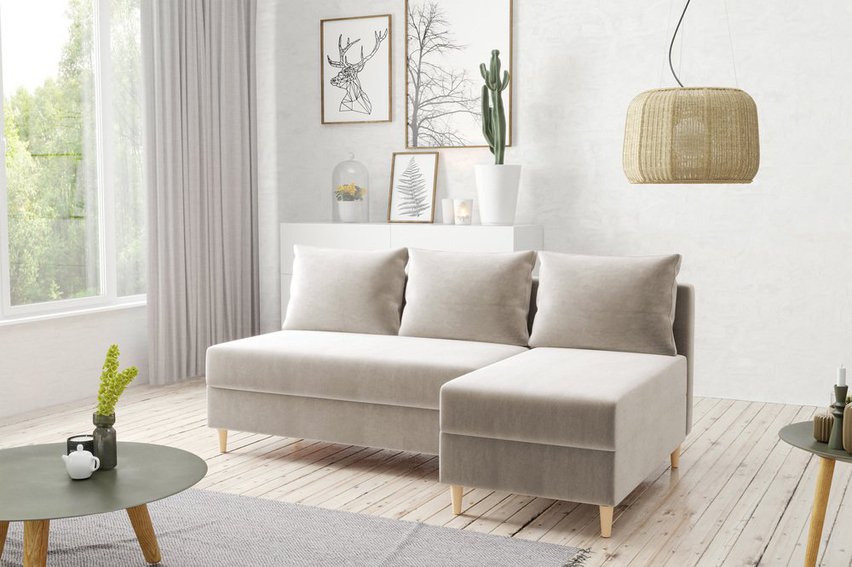 Corner sofa with sleeping function Suspla L-shaped with container universal Paros 02 velour