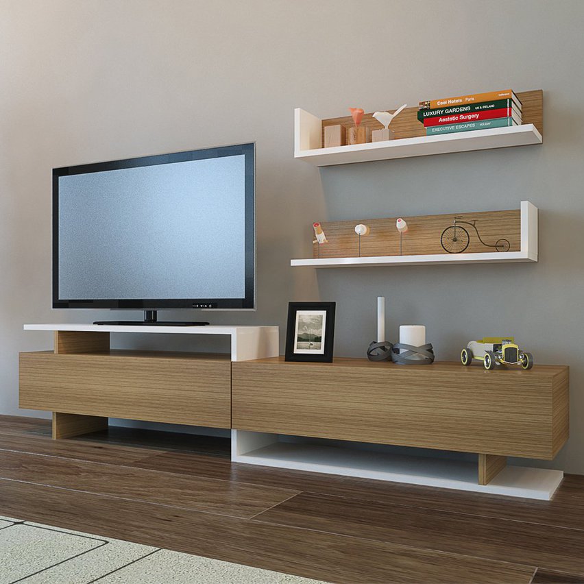 Atlanta white TV cabinet with teak elements and two wall shelves