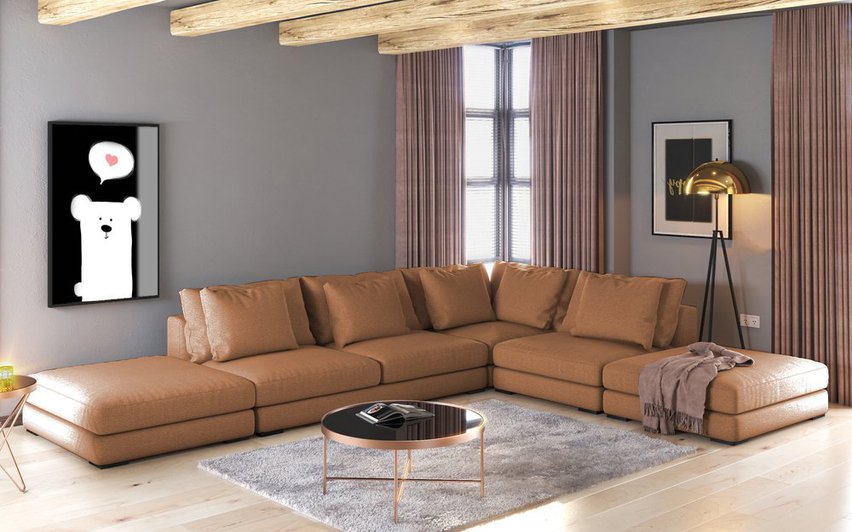 Mia L-shaped modular corner sofa with two poufs (Fabric: Storm 54)