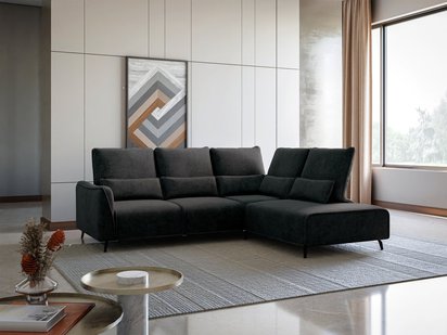 Rumbia L-shaped corner sofa with sleeping function with side section and Storm 99 pouf, black legs, right-hand side