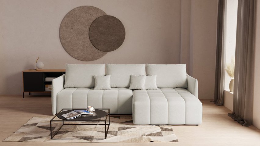 Boquete L-shaped corner sofa with sleeping function with storage, universal cream in easy-clean fabric