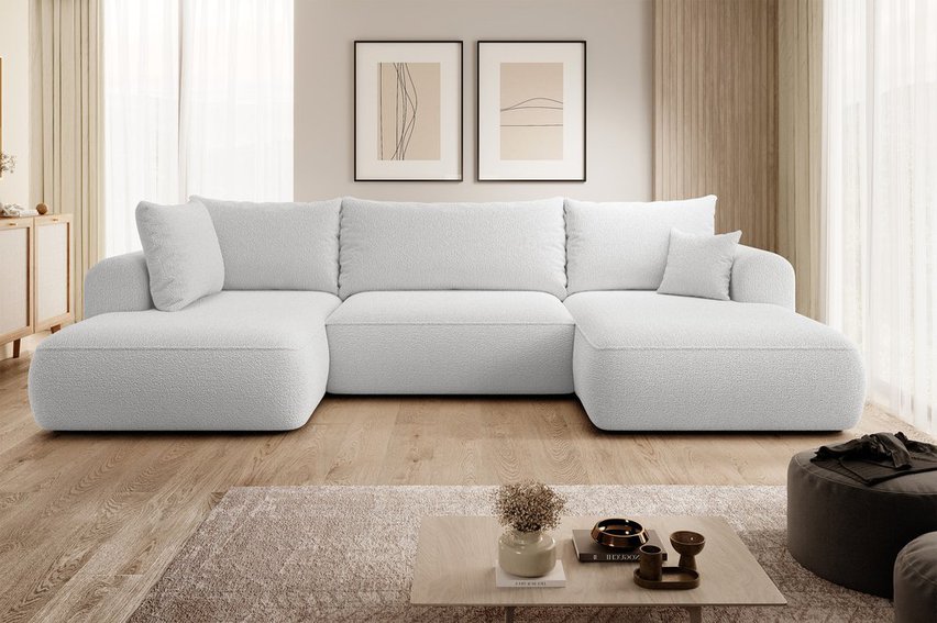 Ovo U-shaped corner sofa with sleeping function with Abriamo 05 boucle container, left-hand