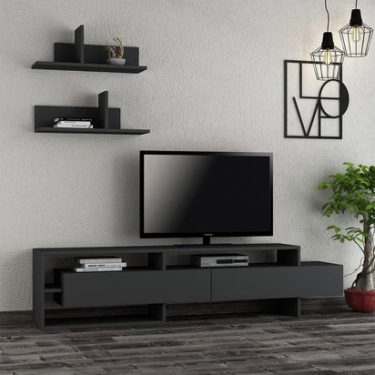 Lotero anthracite TV cabinet with two wall shelves