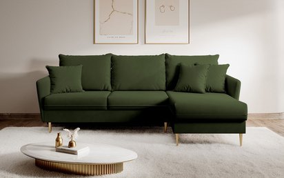 Volio velvet corner sofa with sleeping function, hydrophobic, golden legs