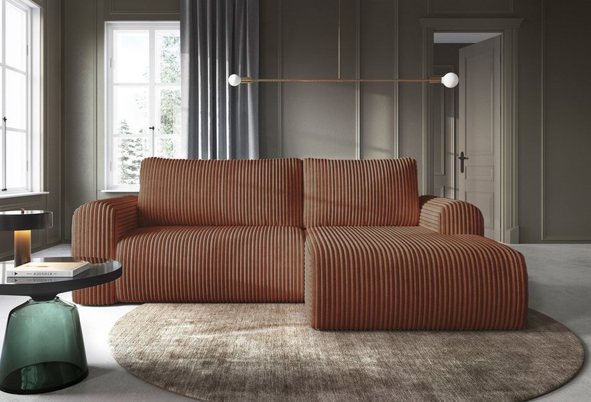 Corner sofa with sleeping function Lelu Tilia 56 L-shaped with a container, thick corduroy, right-hand side