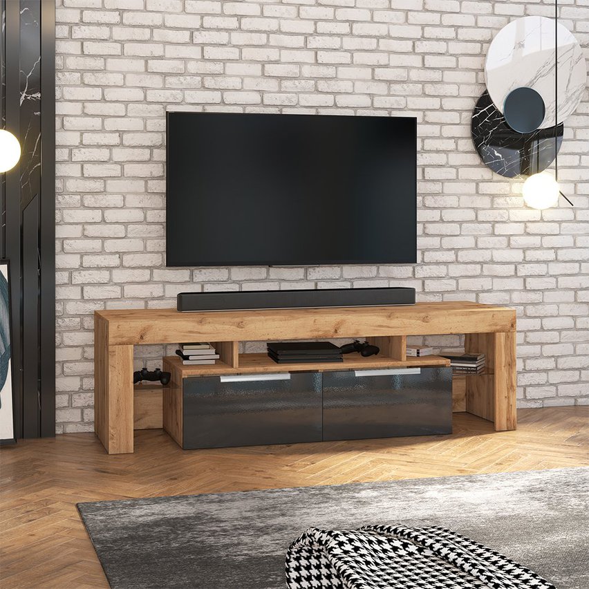 Vergon TV Cabinet (Lancaster Oak / Gloss Black, LED)