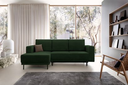 Rodario mini dark green corner sofa with sleeping function with left-hand corduroy container