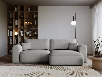 Sollano L-shaped corner sofa with sleeping function with container, universal, light gray chenille, easy to clean