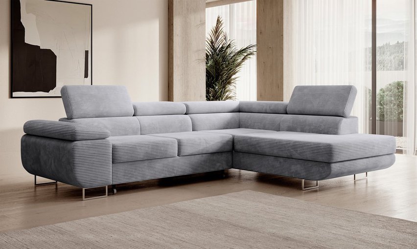 Stevil L-shaped corner sofa with sleeping function with Poso 55 container, right-hand corduroy