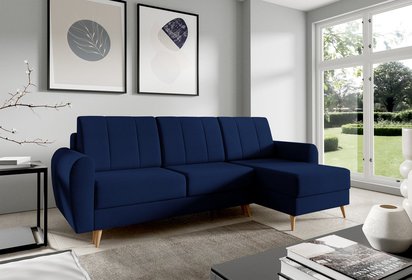Dordo L-shaped navy blue corner sofa with sleeping function with storage, hydrophobic velvet, universal