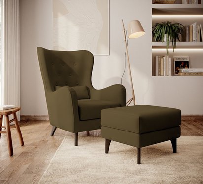 Calmino wing footrest in hydrophobic fabric, olive velour, wenge legs