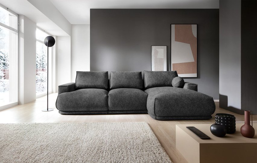 Divo L-shaped corner sofa with sleeping function with a container, graphite, hydrophobic braid, right-hand