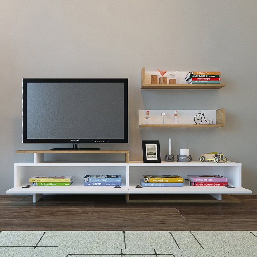 Atlanta white TV cabinet with two wall shelves