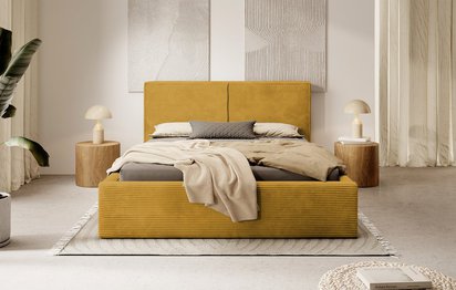 Upholstered bed 160/200 cm Farese mustard Poso 01 with container and gas actuator corduroy