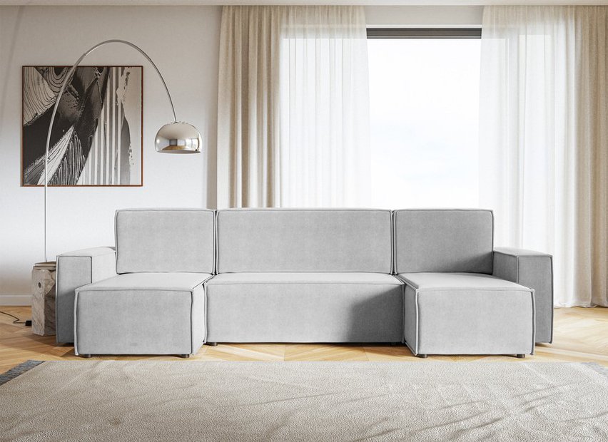 Copertino U-shaped corner sofa with sleeping function with storage, universal, light gray, hydrophobic velvet