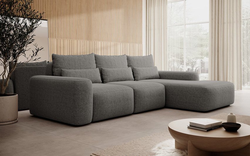 Corner sofa with sleeping function Carnos L-shaped with additional lumbar pillows Melody 04 chenille right-hand side