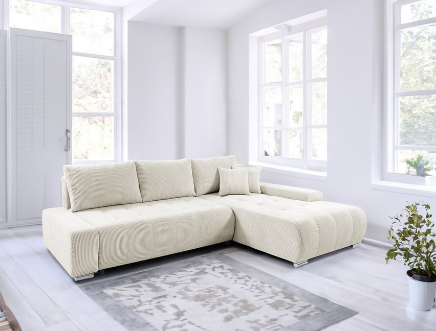 Corner sofa with sleeping function Magliano L-shaped with storage, gray-beige corduroy, right-hand side