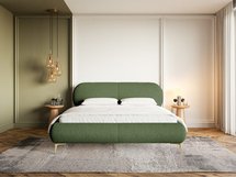 Upholstered bed 140x200 cm Ovalle olive, hydrophobic braid, gold legs