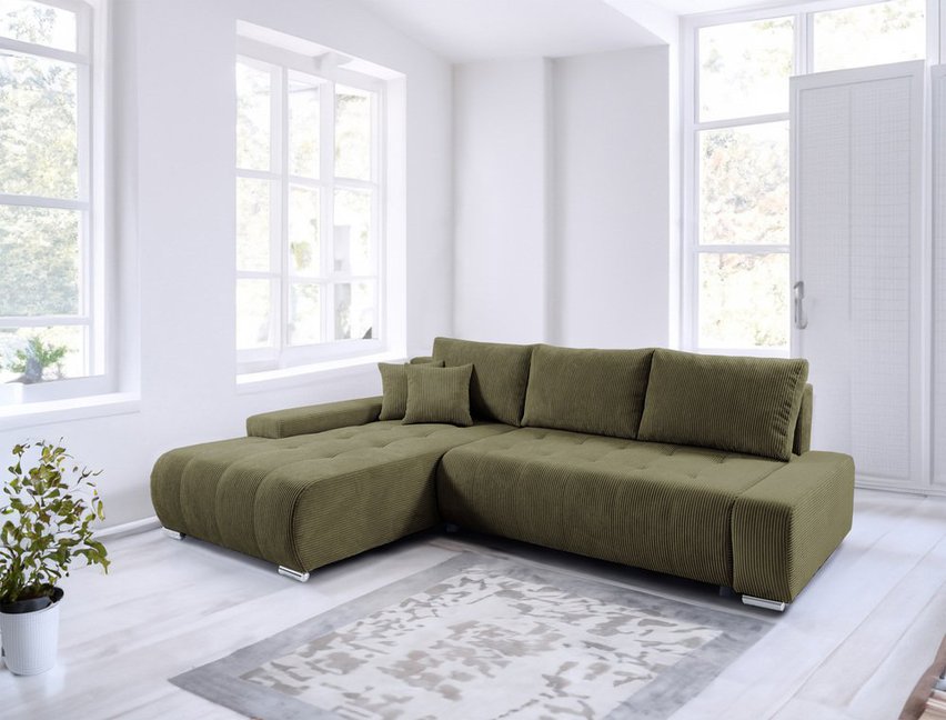 Corner sofa with sleeping function Magliano L-shaped with storage, olive corduroy, left-hand side