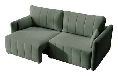 Pierre fold-out corner sofa with storage, light green, water-repellent velvet