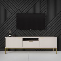 Diargo 175 cm two-door TV cabinet with a drawer and a recess, grey-beige, on a gold frame