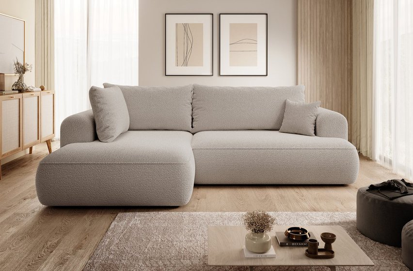 Ovo II L-shaped corner sofa with sleeping function Abriamo 02 with side and boucle container, left-hand