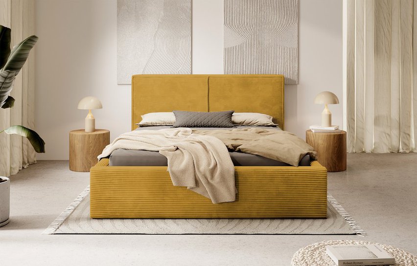 Upholstered bed 140/200 cm Farese mustard Poso 01 with container and gas actuator corduroy