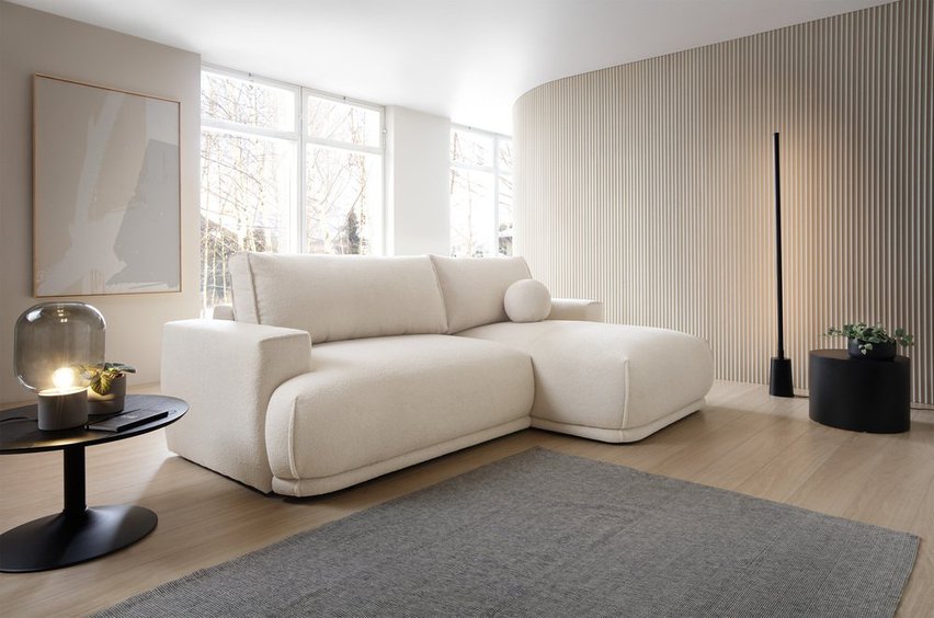 Divo Mini L-shaped corner sofa with sleeping function with a right-sided cream boucle container