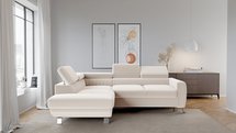 Bambito L-shaped corner sofa with sleeping function with storage and adjustable headrests, cream hydrophobic velvet, left-hand side