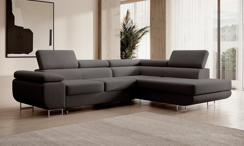 Stevil L-shaped corner sofa with sleeping function with Castel 93 container, easy-to-clean velvet, right-hand