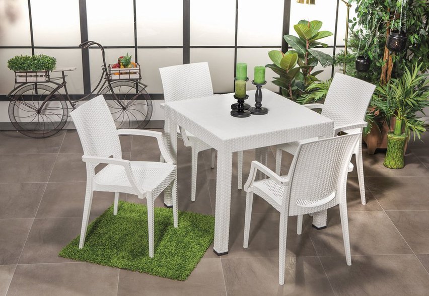 Valries garden set, four-seater table and chairs with armrests, white technorattan