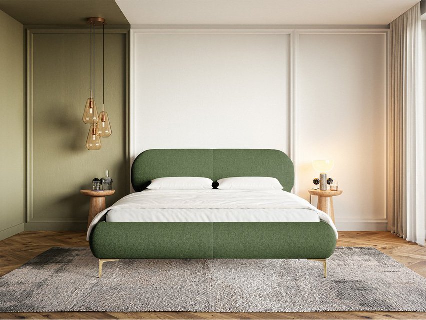 Upholstered bed 180x200 cm Ovalle olive, hydrophobic braid, gold legs