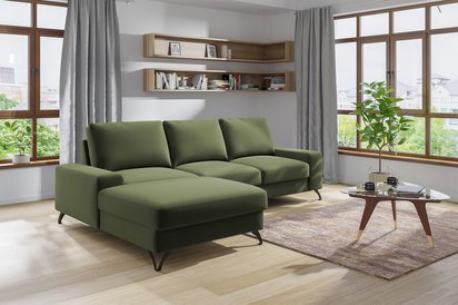 Corner sofa with sleeping function Bewello L-shaped with storage Matt Velvet 38 easy-cleaning hydrophobic velvet left-sided