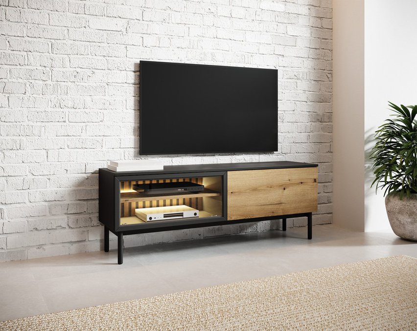 RTV cabinet Lang 150 cm with slats and LED lighting black / evoke oak (Lighting: Warm light color, LED Panel: Yes)