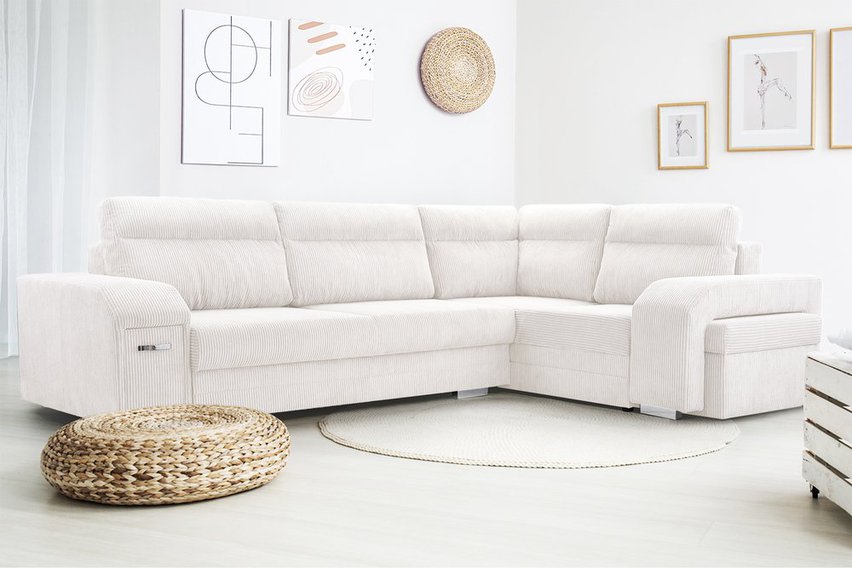 Umill L-shaped corner sofa with sleeping function with containers with a bar and a pouf Lincoln 01 right-hand side