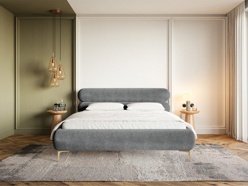 Upholstered bed 180x200 cm Roule with storage, metal frame Amon 11, hydrophobic velor, gold legs