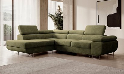 Stevil L-shaped corner sofa with sleeping function and Poso 46 container, left-hand corduroy