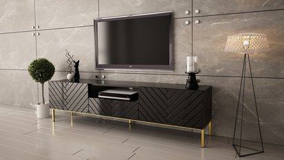 Qudula TV cabinet 190 cm matt black / glossy black with gold herringbone legs