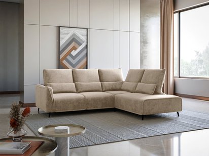 Rumbia L-shaped corner sofa with sleeping function with side section and Storm 06 pouf, black legs, right-hand side