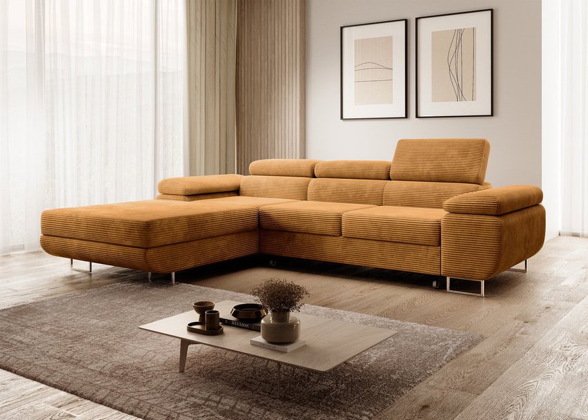 Ganta L-shaped corner sofa with sleeping function with container Poso 01 left-hand corduroy