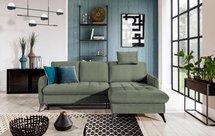 Corner sofa with sleeping function Casotti L-shaped with container and adjustable headrest olive velour hydrophobic right-hand side