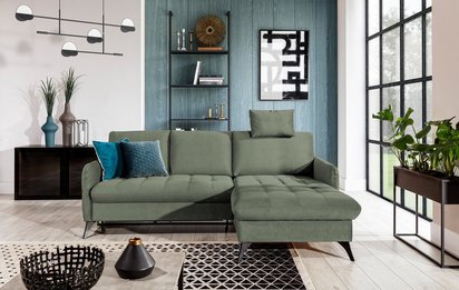 Corner sofa with sleeping function Casotti L-shaped with container and adjustable headrest olive velour hydrophobic right-hand side