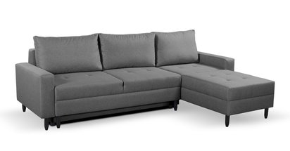 Corner sofa with sleeping function Ninetta Mini Rino 93 with a container in a hydrophobic fabric, wenge legs, right-hand side