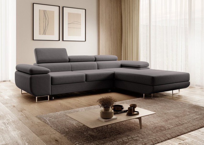 Ganta L-shaped corner sofa with sleeping function with container Castel 93, easy-to-clean velvet, right-hand side