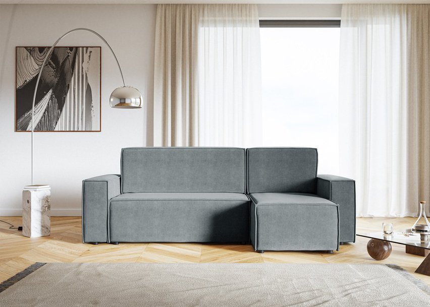 Copertino L-shaped corner sofa with sleeping function with storage, universal, grey, hydrophobic velvet