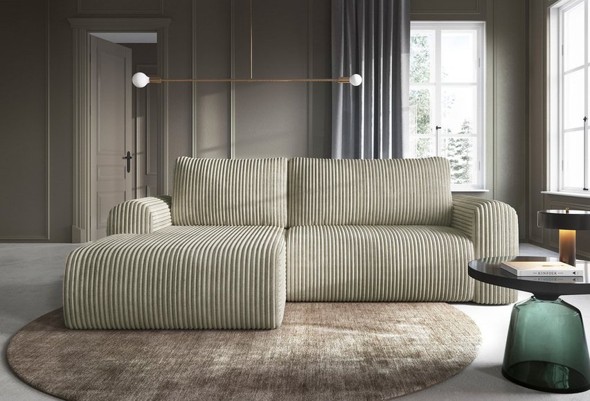 Corner sofa with sleeping function Lelu Tilia 08 L-shaped with a container, thick corduroy, left-hand side