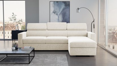 Veraguas L-shaped corner sofa with sleeping function with storage and adjustable headrests, universal, light beige, in easy-clean fabric