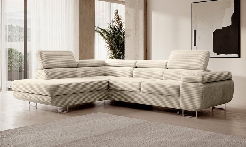 Stevil L-shaped corner sofa with sleeping function and Poso 105 container, left-hand corduroy